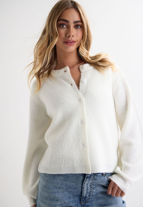 Womens White Plain Ribbed Cardigan