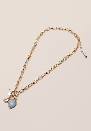Womens Gold & Blue Stone Charm Necklace 