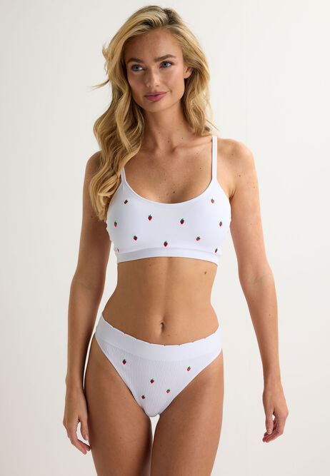 Womens White Strawberry Embroidery Ribbed Crop Top
