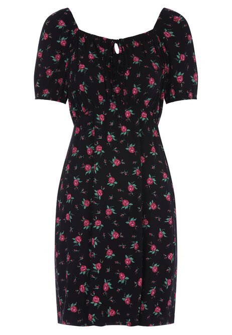 Womens Black Ditsy Print Tie Detail Mini Dress