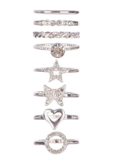 Womens 8pk Silver Diamante Rings
