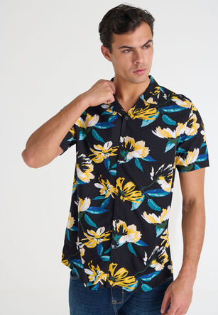 Mens Black & Yellow Floral Print Shirt