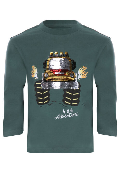 Younger Boys Green Reversible Sequin Monster Truck T-Shirt