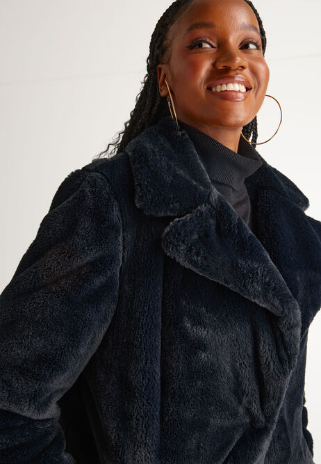 Womens Plain Black Faux Fur Coat