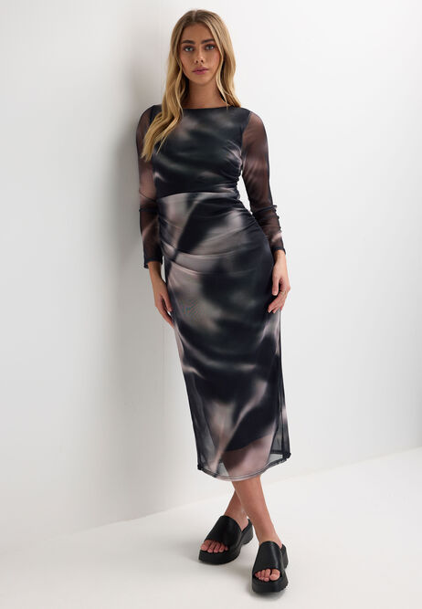 Womens Grey Marble Print Ruched Sides Midi Mesh Dress