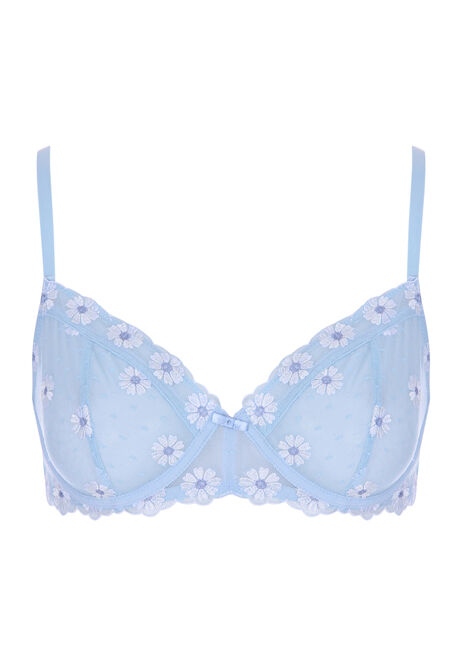Women Blue Non Padded Floral Embroidered Bra