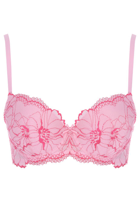 Womens Pink Embroidered Floral Lace Bra