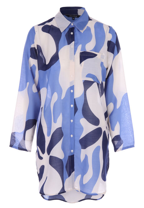 Womens Blue Abstract Print Voile Beach Shirt