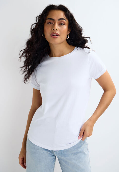 Womens White Plain Roll Sleeve T-shirt