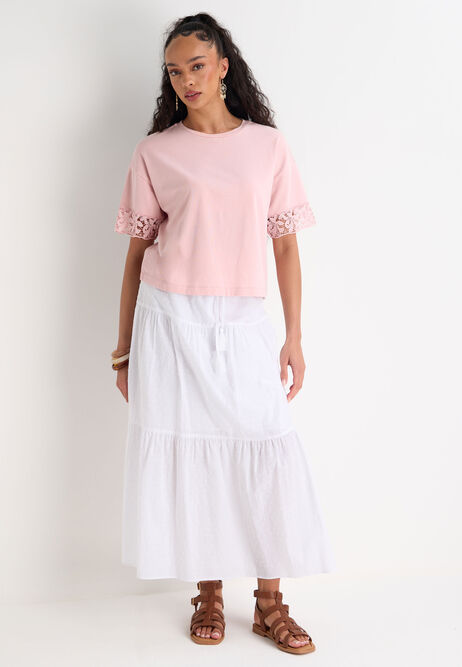 Womens Pink Acid Wash Short Lace Sleeve T-shirt