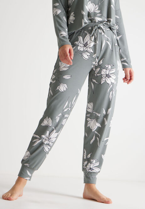 Womens Khaki Floral Print Soft Touch Pyjama Bottoms