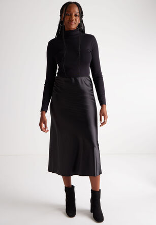 Womens Black Satin Midi Skirt 