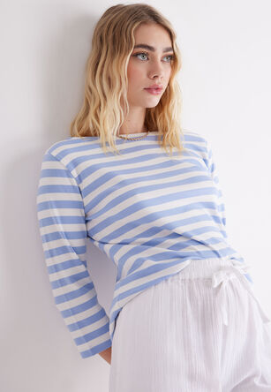 Womens Blue & White Boat Neck Top