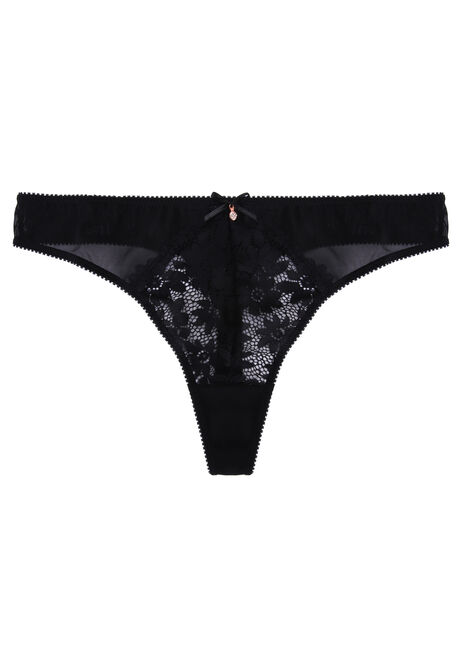 Womens Black Floral Lace Thong