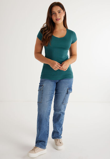 Womens Teal Pure Cotton V Neck T-shirt