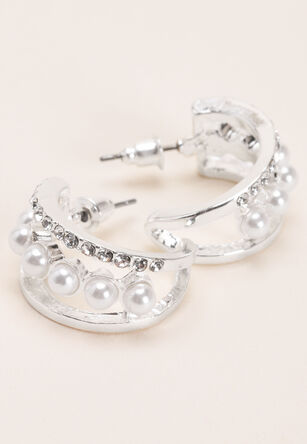 Womens Silver & Pearl Small Hoop Earrings