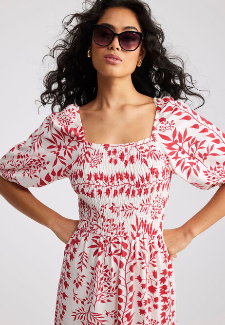 Womens Red and White Leaf Print Dress