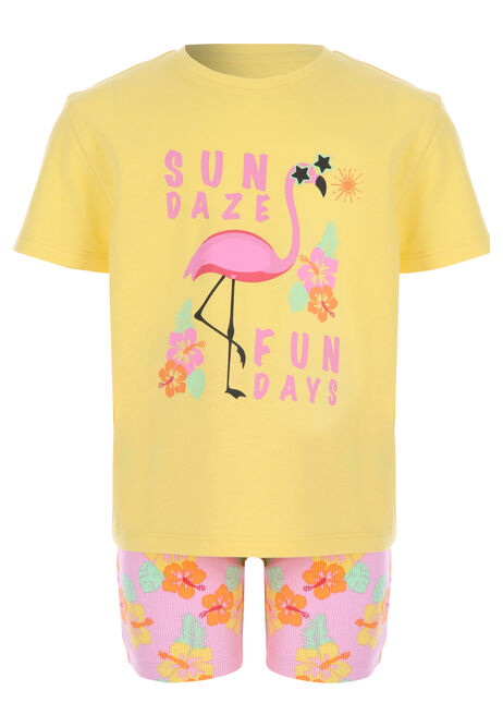 Younger Girls Yellow Flamingo T-shirt & Shorts Set