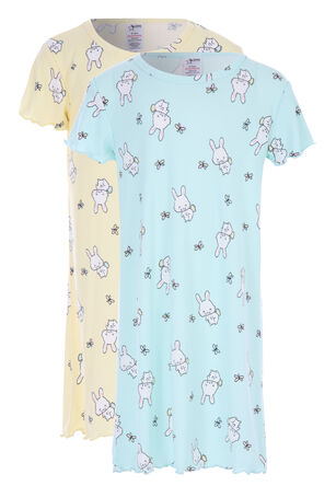 Girls 2pk Blue & Yellow Bunny Print Short Sleeve Night Dresses