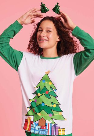 Girls Green Christmas Tree Novelty Pyjama Set