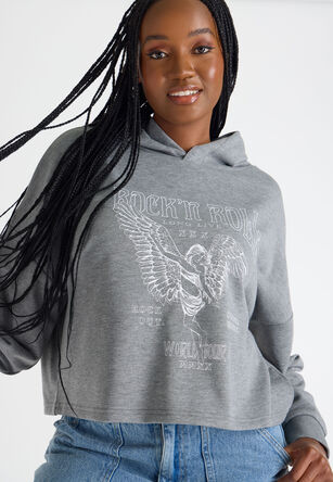 Womens Grey Crop Slogan Pullover Hoody