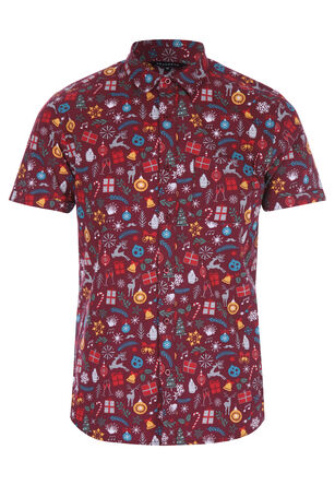 Mens Red Christmas Novelty Print Short Sleeve Shirt