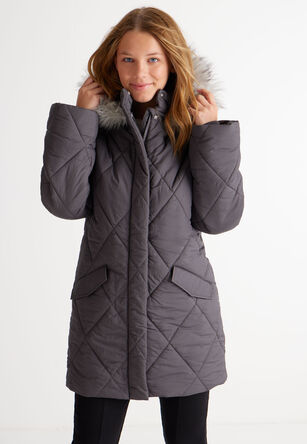 Older Girls Charcoal Diamond Quilted Padded Coat