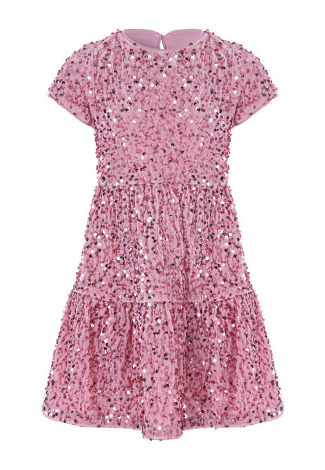 Younger Girls Pink Velvet Sequin Sparkle Dress