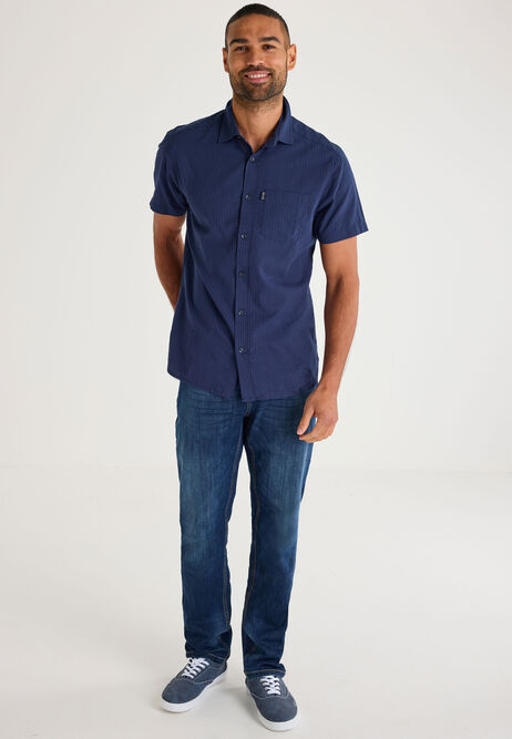 Mens Navy Check Seersucker Cotton Shirt