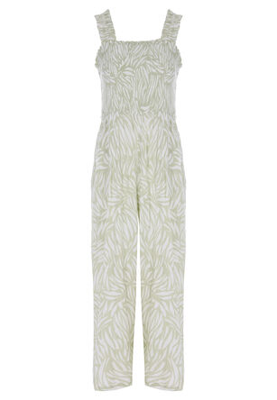 Womens Sage & White Leaf Print Shirred Jumpsuit