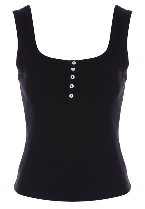 Womens Black Ribbed Placket Front Vest Top