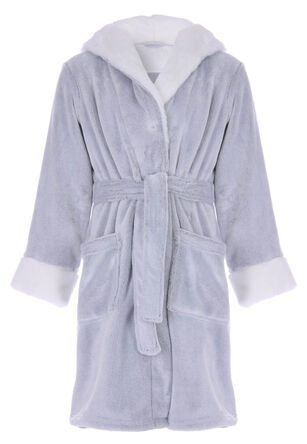 Girls Grey Plain Sherpa Trim Dressing Gown