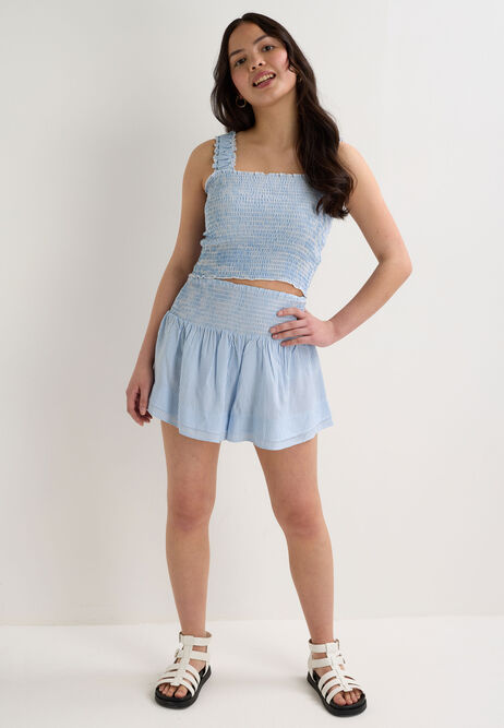 Older Girls Blue Stripe Shirred Waist Skort