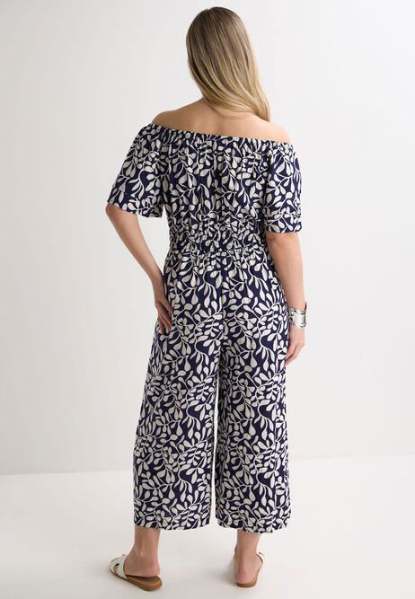 Womens Navy Leaf Print Jumpsuit