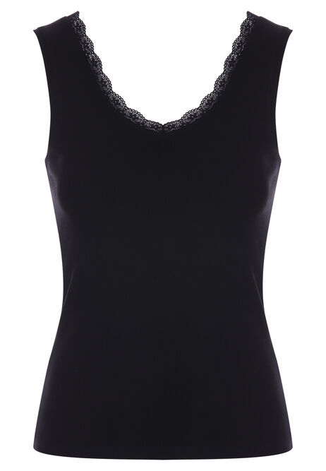 Womens Black Lace Trim Ribbed Vest Top