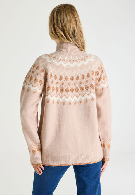 Womens Stone Fair Isle Lurex High Neck Jumper