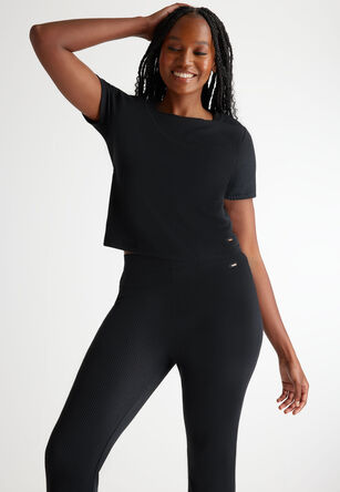 Womens Black Ribbed Soft Touch Short Sleeve T-shirt