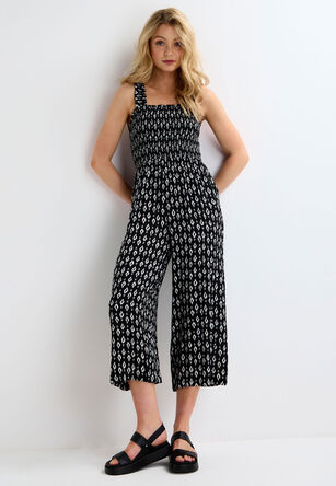 Womens Black & White Abstract Print Shirred Jumpsuit