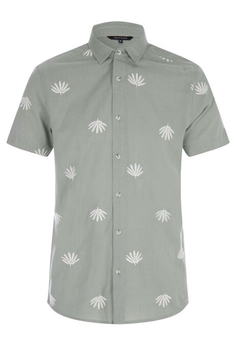 Mens Sage Leaf Embroidered Linen Blend Shirt