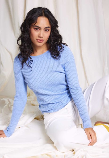 Womens Blue Marl Plain Ribbed Jumper