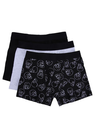 Older Boys 3pk Black Skull Print Trunks