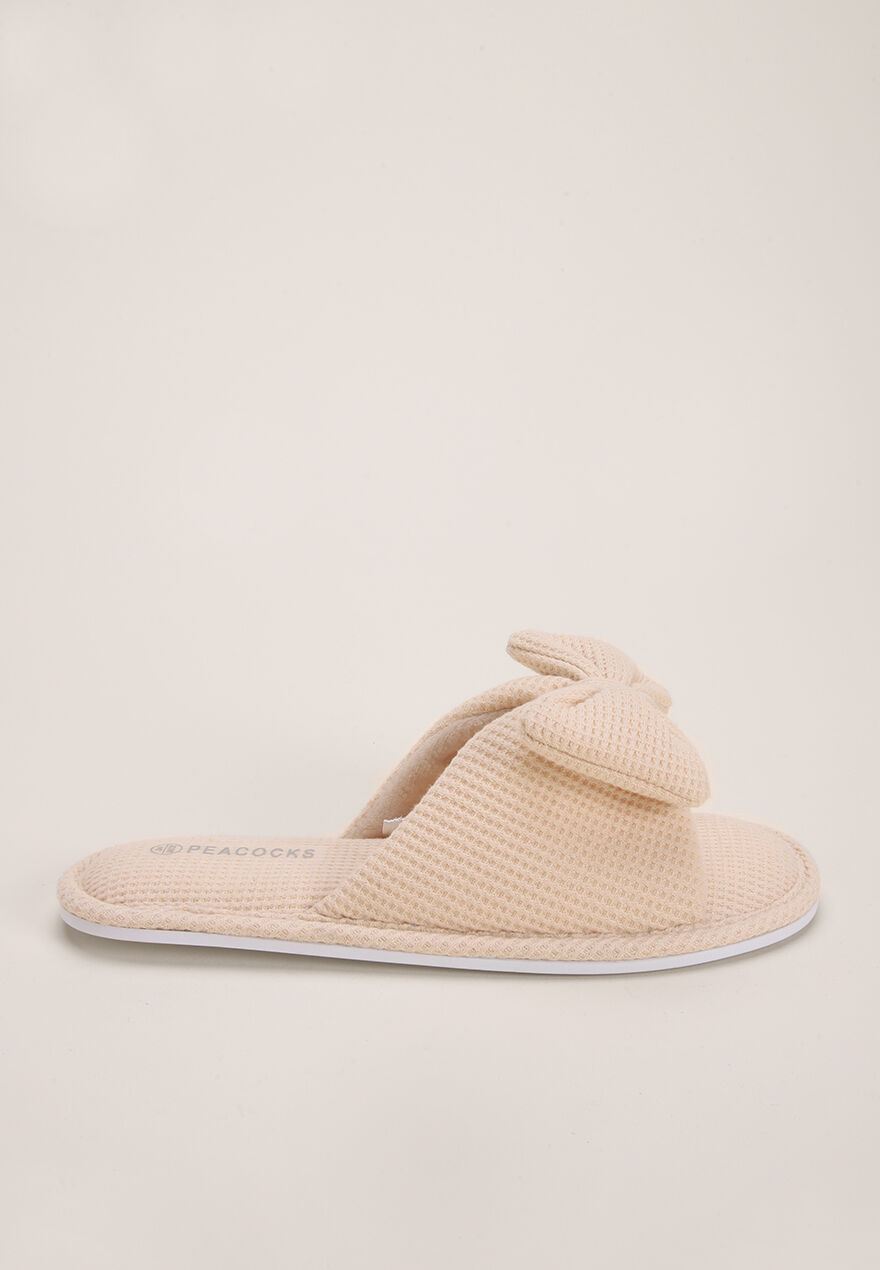 Womens Cream Waffle Slippers with Bow