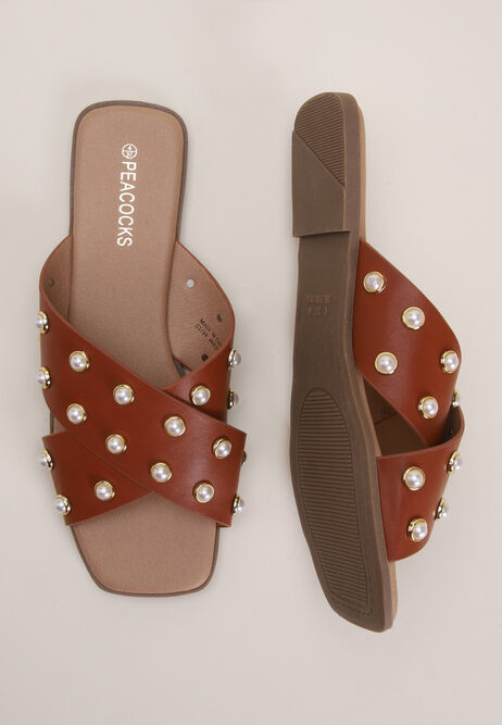 Womens Tan Pearl Crossover Sandals