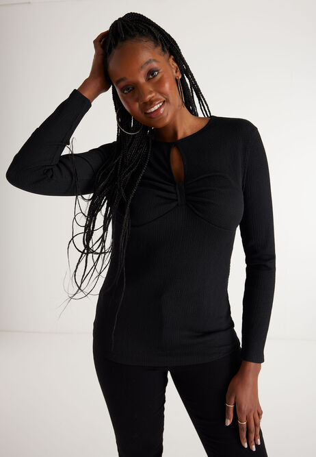 Womens Black Keyhole Front Long Sleeve Top