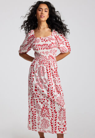 Womens Red and White Leaf Print Dress