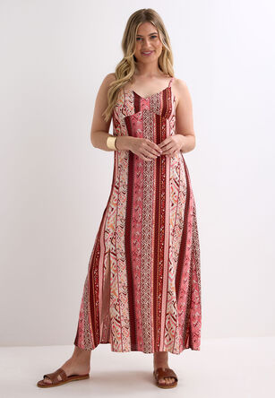 Womens Pink Aztec Print Strappy Midi Dress