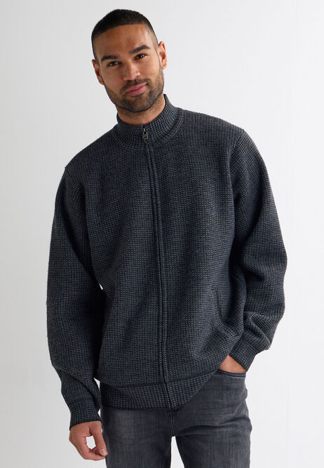 Mens Charcoal Sherpa Zip Through Knitted Cardigan