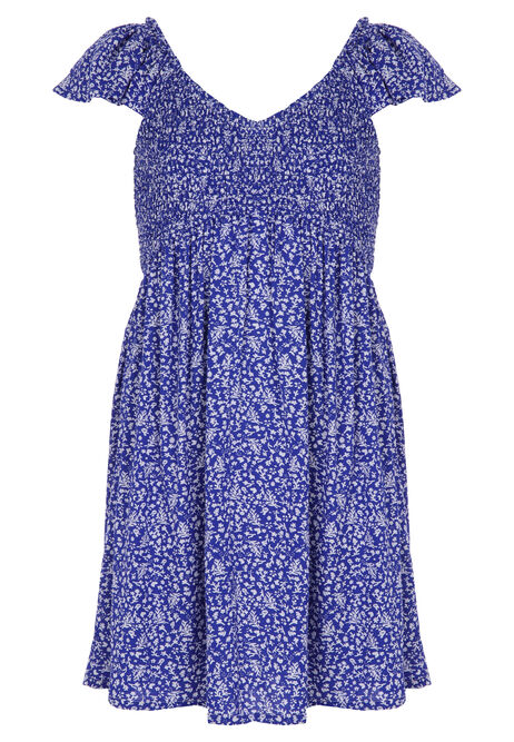 Older Girls Blue Floral Shirred Top Dress