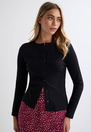 Womens Black Plain Button Front Cardigan