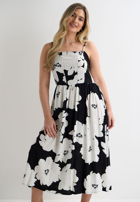 Womens Black & White Floral Strappy Dress
